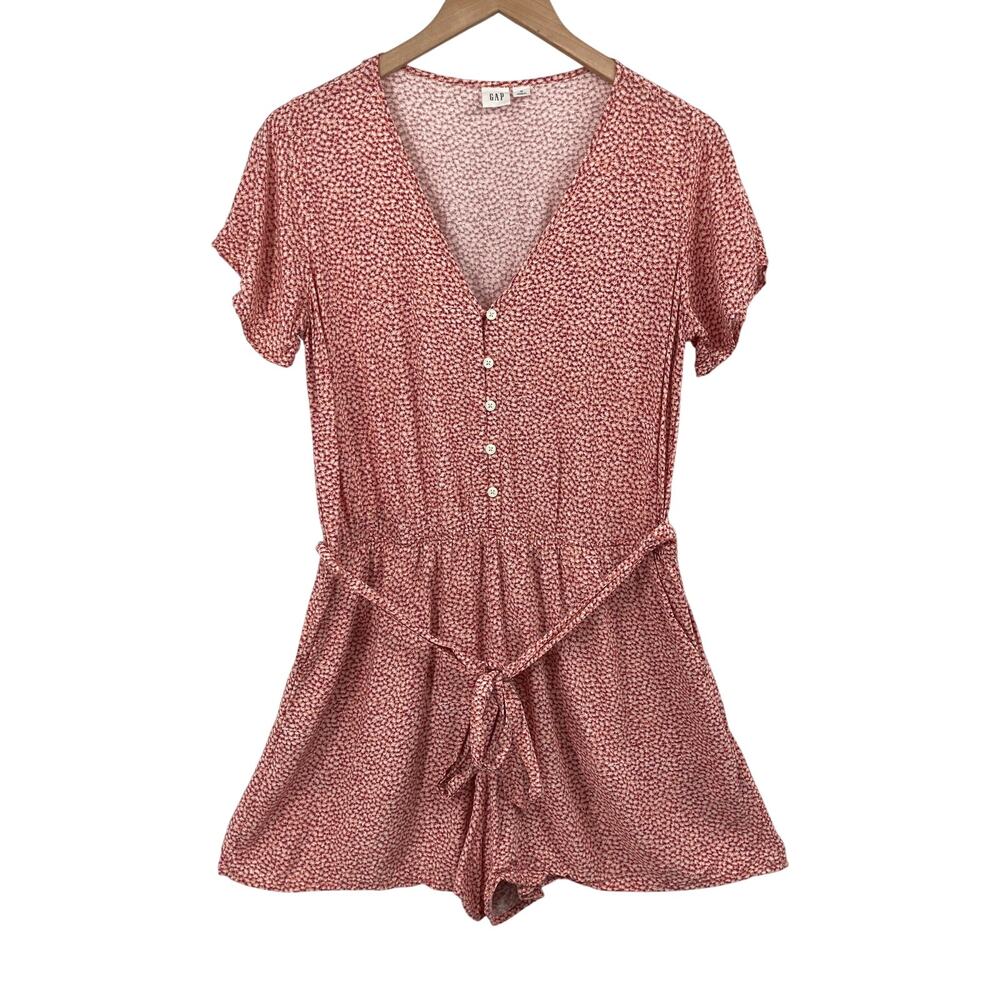 GAP Womens Medium Red Floral Romper Button Front Tie Waist Short Sleeve Pockets